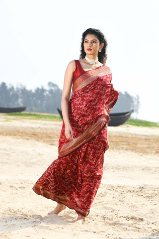 'Nazaakat' Garnet Pure Resham Cotton Alfi Jaal Tilfi Border Pure Banarasi Handloom Saree