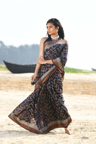 'Nazaakat' Navy Blue Pure Resham Cotton Alfi Jaal Tilfi Border Pure Banarasi Handloom Saree