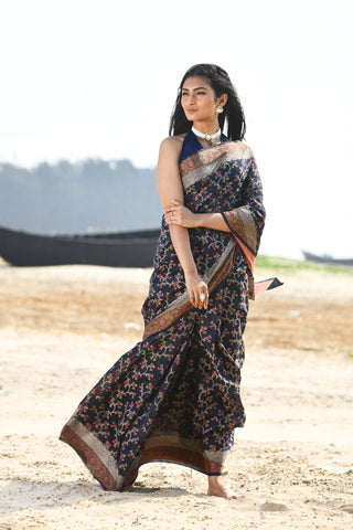 'Nazaakat' Navy Blue Pure Resham Cotton Alfi Jaal Tilfi Border Pure Banarasi Handloom Saree