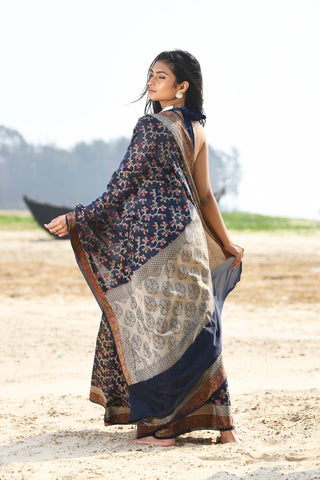 'Nazaakat' Navy Blue Pure Resham Cotton Alfi Jaal Tilfi Border Pure Banarasi Handloom Saree