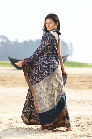 'Nazaakat' Navy Blue Pure Resham Cotton Alfi Jaal Tilfi Border Pure Banarasi Handloom Saree