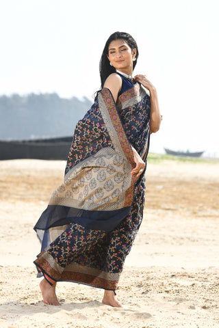 'Nazaakat' Navy Blue Pure Resham Cotton Alfi Jaal Tilfi Border Pure Banarasi Handloom Saree