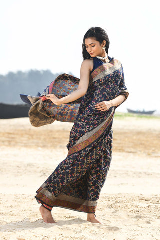 'Nazaakat' Navy Blue Pure Resham Cotton Alfi Jaal Tilfi Border Pure Banarasi Handloom Saree