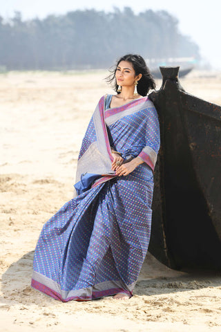 'Shabnam' Grey-Blue Pure Resham Cotton Alfi Booti Tilfi Border  Banarasi Handloom Saree