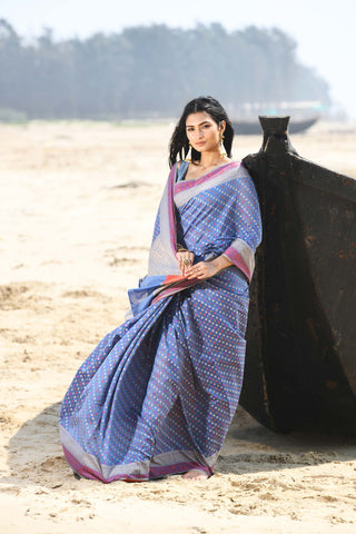 'Shabnam' Grey-Blue Pure Resham Cotton Alfi Booti Tilfi Border  Banarasi Handloom Saree