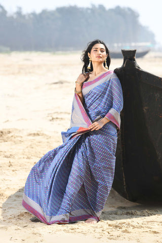 'Shabnam' Grey-Blue Pure Resham Cotton Alfi Booti Tilfi Border  Banarasi Handloom Saree