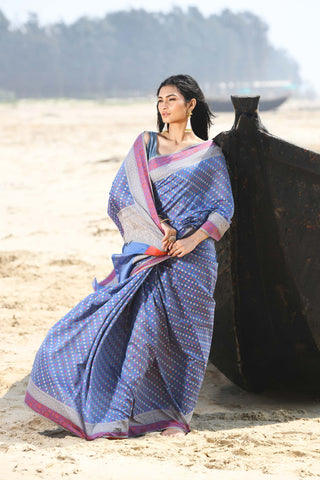 'Shabnam' Grey-Blue Pure Resham Cotton Alfi Booti Tilfi Border  Banarasi Handloom Saree