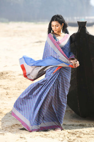 'Shabnam' Grey-Blue Pure Resham Cotton Alfi Booti Tilfi Border  Banarasi Handloom Saree