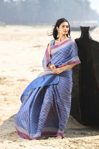 'Shabnam' Grey-Blue Pure Resham Cotton Alfi Booti Tilfi Border  Banarasi Handloom Saree