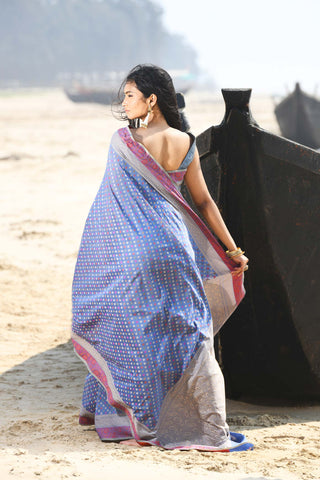 'Shabnam' Grey-Blue Pure Resham Cotton Alfi Booti Tilfi Border  Banarasi Handloom Saree