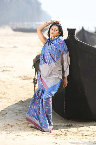 'Shabnam' Grey-Blue Pure Resham Cotton Alfi Booti Tilfi Border  Banarasi Handloom Saree