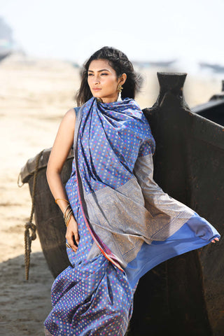 'Shabnam' Grey-Blue Pure Resham Cotton Alfi Booti Tilfi Border  Banarasi Handloom Saree