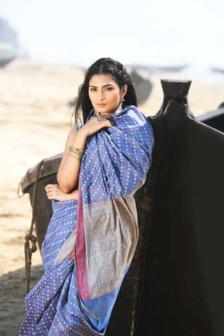 'Shabnam' Grey-Blue Pure Resham Cotton Alfi Booti Tilfi Border  Banarasi Handloom Saree