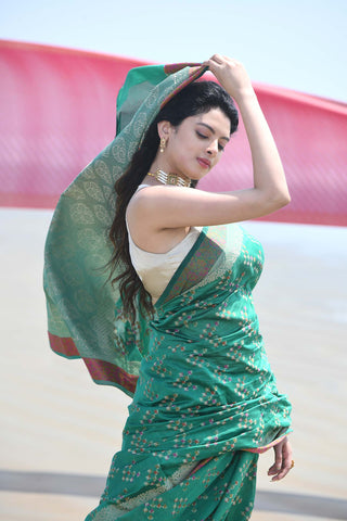 'Afreen' Green Pure Resham Cotton Alfi Booti Tilfi Border Banarasi Handloom Saree
