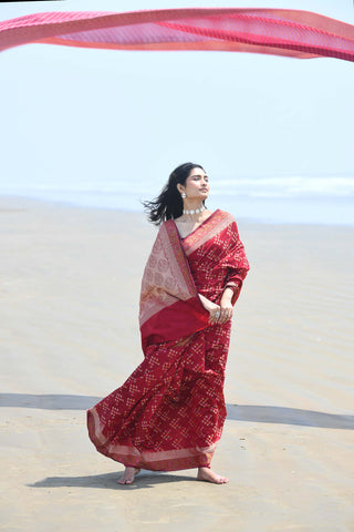 'Afreen' Garnet Red Pure Resham Cotton Alfi Booti Tilfi Border Banarasi Handloom Saree