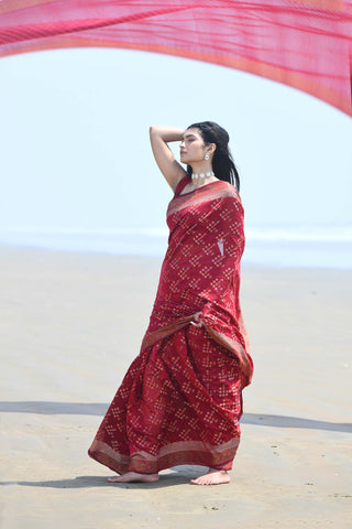 'Afreen' Garnet Red Pure Resham Cotton Alfi Booti Tilfi Border Banarasi Handloom Saree