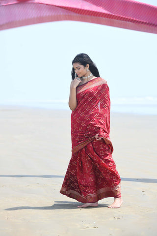 'Afreen' Garnet Red Pure Resham Cotton Alfi Booti Tilfi Border Banarasi Handloom Saree