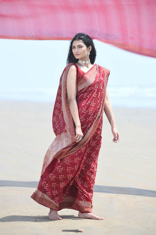 'Afreen' Garnet Red Pure Resham Cotton Alfi Booti Tilfi Border Banarasi Handloom Saree