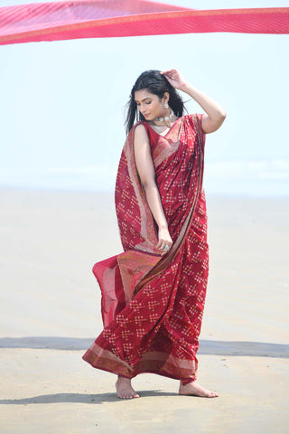 'Afreen' Garnet Red Pure Resham Cotton Alfi Booti Tilfi Border Banarasi Handloom Saree