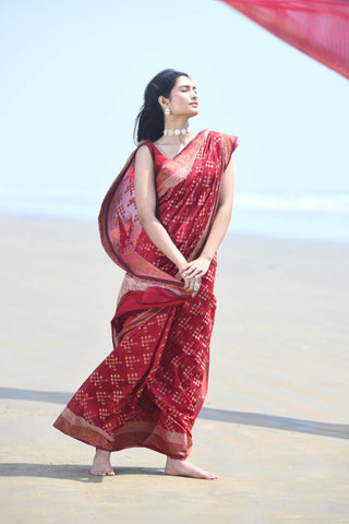'Afreen' Garnet Red Pure Resham Cotton Alfi Booti Tilfi Border Banarasi Handloom Saree
