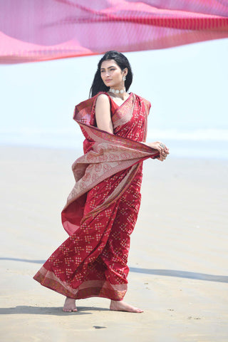 'Afreen' Garnet Red Pure Resham Cotton Alfi Booti Tilfi Border Banarasi Handloom Saree