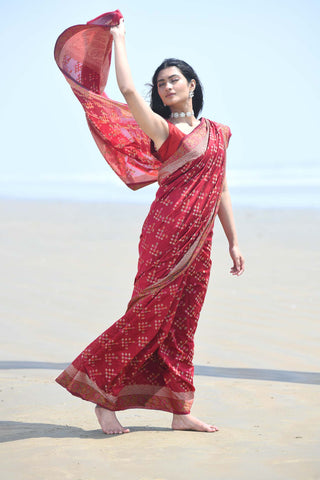 'Afreen' Garnet Red Pure Resham Cotton Alfi Booti Tilfi Border Banarasi Handloom Saree