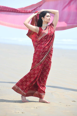 'Afreen' Garnet Red Pure Resham Cotton Alfi Booti Tilfi Border Banarasi Handloom Saree