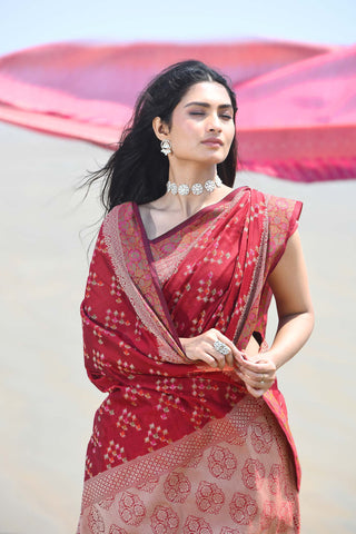 'Afreen' Garnet Red Pure Resham Cotton Alfi Booti Tilfi Border Banarasi Handloom Saree