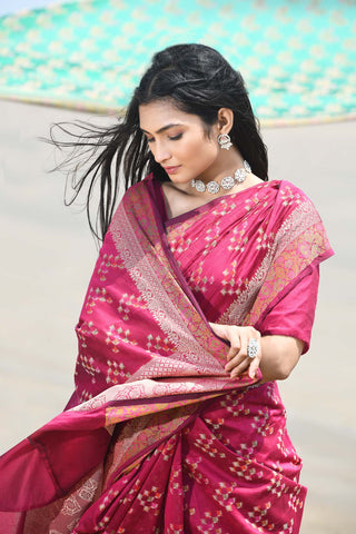 'Afreen' Raspberry Pink Pure Resham Cotton Alfi Booti Tilfi Border Banarasi Handloom Saree