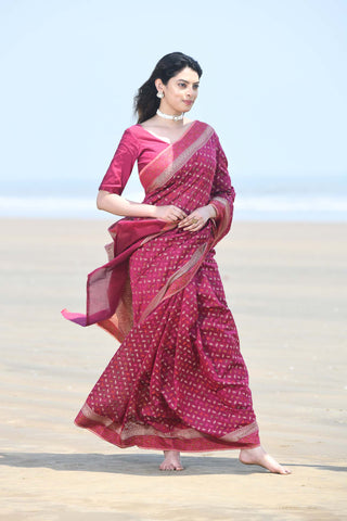 'Meher' Deep Pink Pure Resham Cotton Alfi Booti Tillfi Border Banarasi Handloom Saree