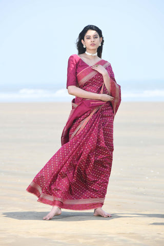 'Meher' Deep Pink Pure Resham Cotton Alfi Booti Tillfi Border Banarasi Handloom Saree