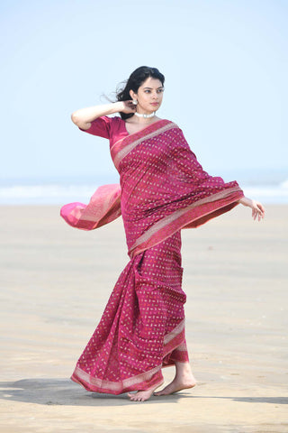 'Meher' Deep Pink Pure Resham Cotton Alfi Booti Tillfi Border Banarasi Handloom Saree