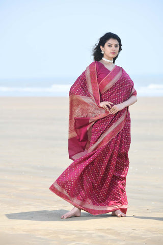 'Meher' Deep Pink Pure Resham Cotton Alfi Booti Tillfi Border Banarasi Handloom Saree