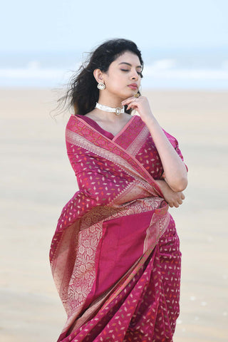 'Meher' Deep Pink Pure Resham Cotton Alfi Booti Tillfi Border Banarasi Handloom Saree