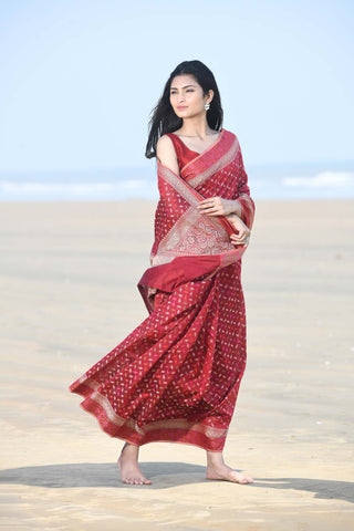 'Meher' Garnet Pure Resham Cotton Alfi Booti Tillfi Border Banarasi Handloom Saree