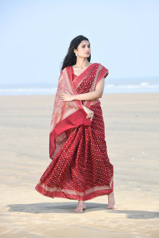 'Meher' Garnet Pure Resham Cotton Alfi Booti Tillfi Border Banarasi Handloom Saree