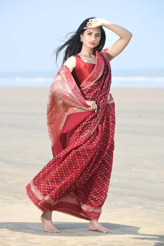 'Meher' Garnet Pure Resham Cotton Alfi Booti Tillfi Border Banarasi Handloom Saree