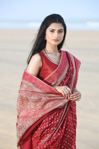 'Meher' Garnet Pure Resham Cotton Alfi Booti Tillfi Border Banarasi Handloom Saree